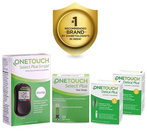 OneTouch Select Plus Simple Glucometer Value-Pack (Free:10 Test Strips + 10 Lancets + 1 Lancing device) with pack of 50 strips + 2 packs of 25 lancets | Simple & Accurate Blood Glucose Testing Meter