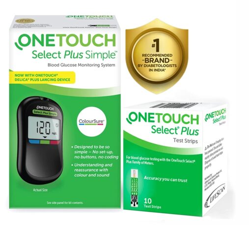 OneTouch Select Plus Simple Glucometer | FREE 10 Strips + 10 Sterile Lancets + 1 Lancing device | Simple, Accurate & Virtually Pain-free Self Blood Sugar Monitor Device