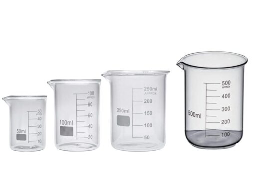 Borosilicate 3.3 Glass Beaker 50ml, 100ml, 250ml, 500ml with +0.5/-0.5 Tolerance (Complete Graduated Mark) Pack of 4 Beakers. 