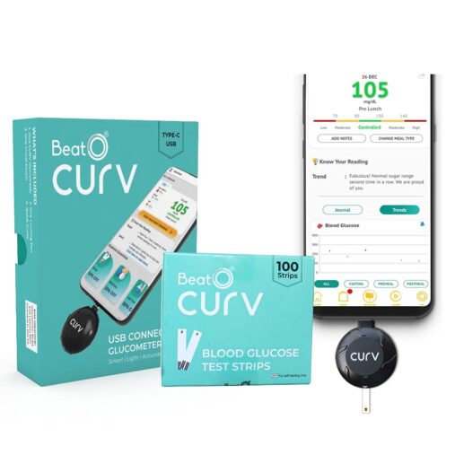 BeatO CURV Smartphone Connected Glucometer with 100 Strips & 100 Lancets (Type-C USB)