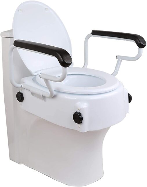 Toilet Seat with Arms, Toilet Seat Raiser Adjustable In 3 Heights (6, 10 and 14 Cm), for Elderly, Disabled, Bathroom Aid 