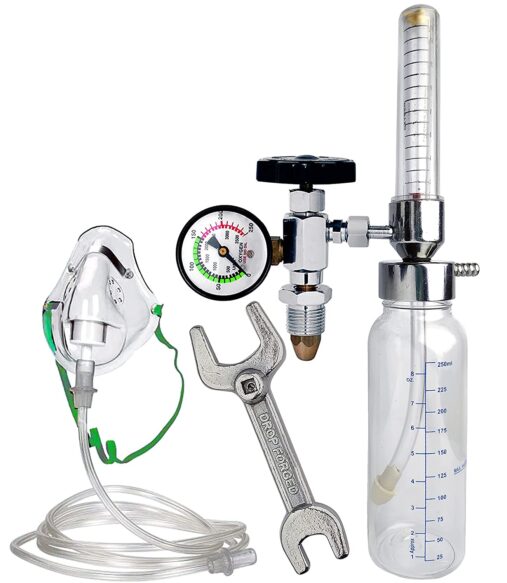 Oxygen Flowmeter with Rotameter & Humidifier Bottle with Oxygen Cylinder Key & Adult Oxygen Mask