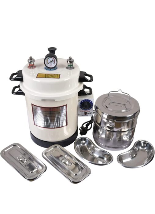 Autoclave Sterilizer Electric with timer & 8x8 Sterilizer Dressing Drum, Instrument Tray 8x3 (2 pc.), Kidney Tray 8 Inch (2 pc.) Heavy Duty in Epoxy Finish 13L (Size 11x9 inch)