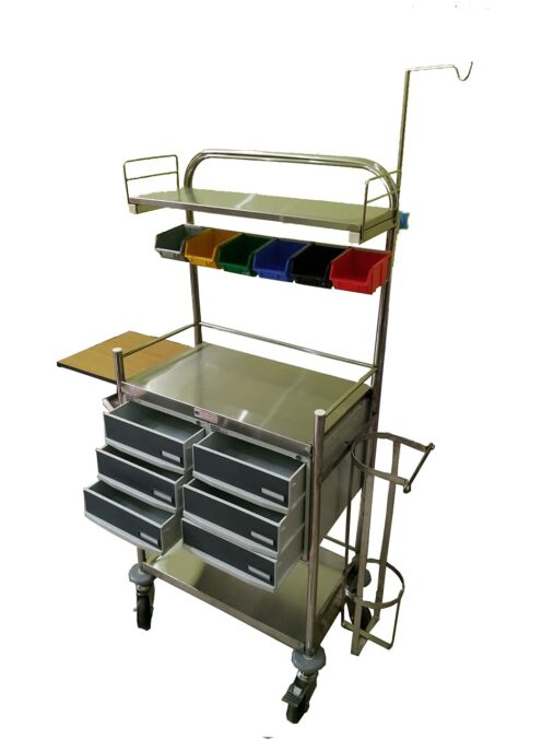 Stainless Steel Crash Cart I Dental Instrument Trolley with Saline Pole,Caster Wheels & Detachable Oxygen Cylinder Holder
