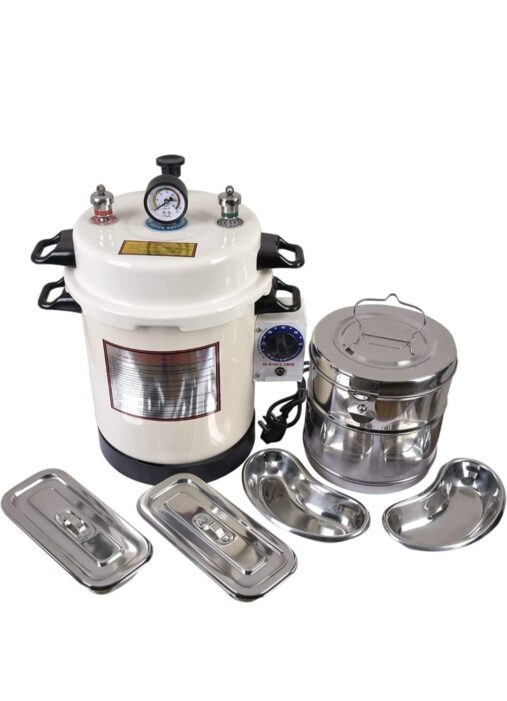 "Autoclave Sterilizer Electric with timer & 8x8 Sterilizer Dressing Drum, Instrument Tray 8x3 (2 pc.), Kidney Tray 8 Inch (2 pc.) Heavy Duty in Epoxy Finish 13L (Size 11x9 inch)"