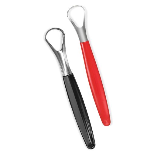"Tongue Cleaner，Tongue Scraper Cure Bad Breath, Tongue Cleaners Stainless Steel, Tongue Scrapers for Adults and Kids Fresher Breath in Seconds.by AARAM (1+1, Black and red)"