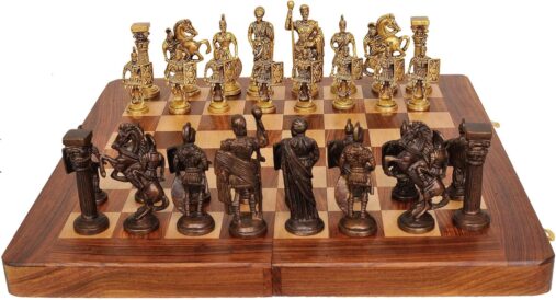 Hand Crafted Roman Brass Chess Set with Wooden Board, 2 Players for kids and adults,Brown