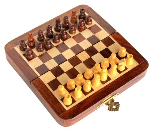 "7"" X 7"" - Wooden Travel Folding Small Chess Game Board Set + Wooden Magnetic Crafted Pieces, Kid, Brown"