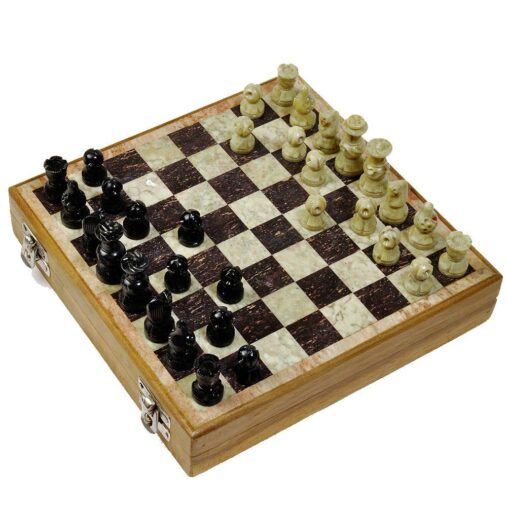 8" Wooden Chess Board Set with Stone Inlaid Work + Stone Chess Pieces