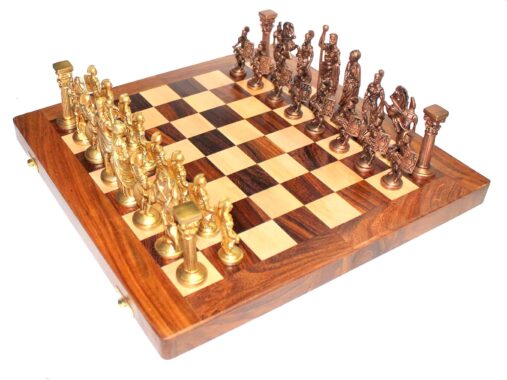 14" X 14" Collectible Wooden Folding Chess Game Board Set+ Brass Roman Figure Pieces