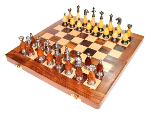 14" X 14? Collectible Wooden Folding Chess Game Board Set+ Brass Staunton Figure Pieces