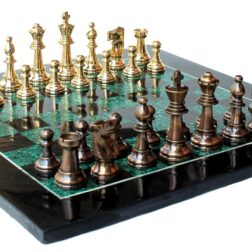 15" X 15" Collectible Chess Game Board Set Made with Black Marble, Malachite with Brass Pieces