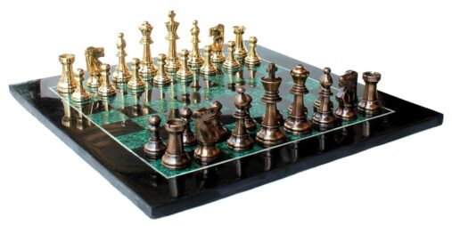 15" X 15" Collectible Chess Game Board Set Made with Black Marble, Malachite with Brass Pieces