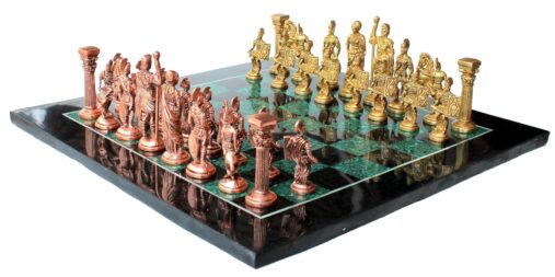 Collectible Chess Game Board Set Made with Black Marble, Malachite with Roman Brass Pieces (15" X 15"),for 12+ Years