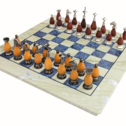 "15"" X 15″ Collectible Chess Game Board Set Made with Australian Marble, Lapiz Lazuli + Brass Wooden Pieces"