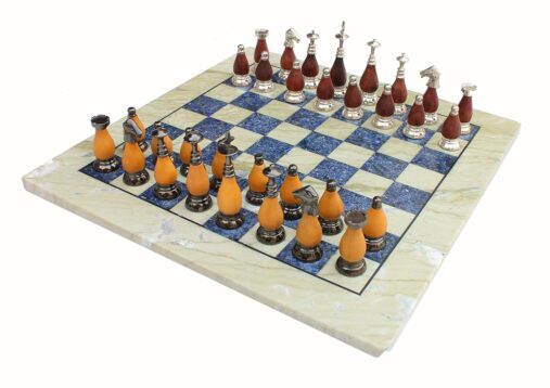 "15"" X 15″ Collectible Chess Game Board Set Made with Australian Marble, Lapiz Lazuli + Brass Wooden Pieces"