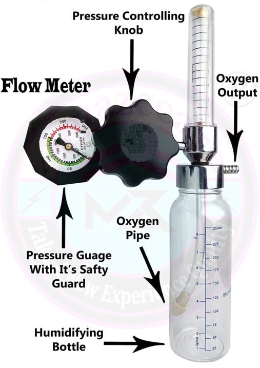 Oxygen Flowmeter with Rotameter & Humidifier Bottle with Oxygen Cylinder Key & Adult Oxygen Mask - Image 2