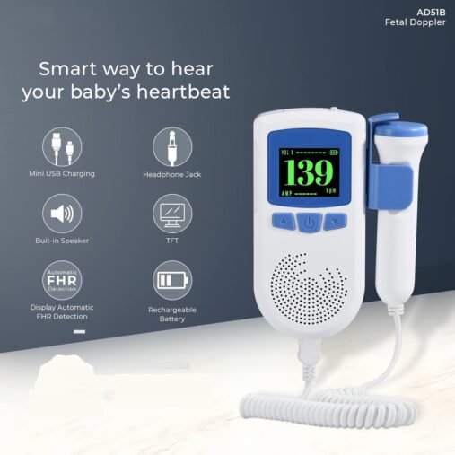 Fetal Doppler | Fetal Heart Rate Monitor for Home and Clinic with USB Charging, Headphone Jack with Built-in Speaker (White & Blue) - Image 2