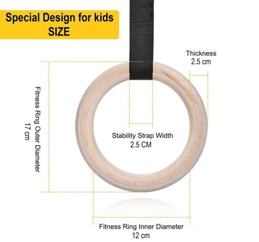 Kids Gymnastics Rings Wooden Gym Play Set with Adjustable Straps - Image 3