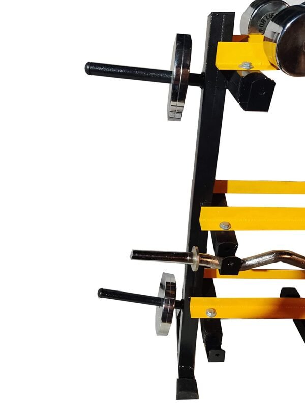 3-in-1 Dumbbell Rack with Bar Holder & Weight Plate Stand (Black & Yellow) - Image 2