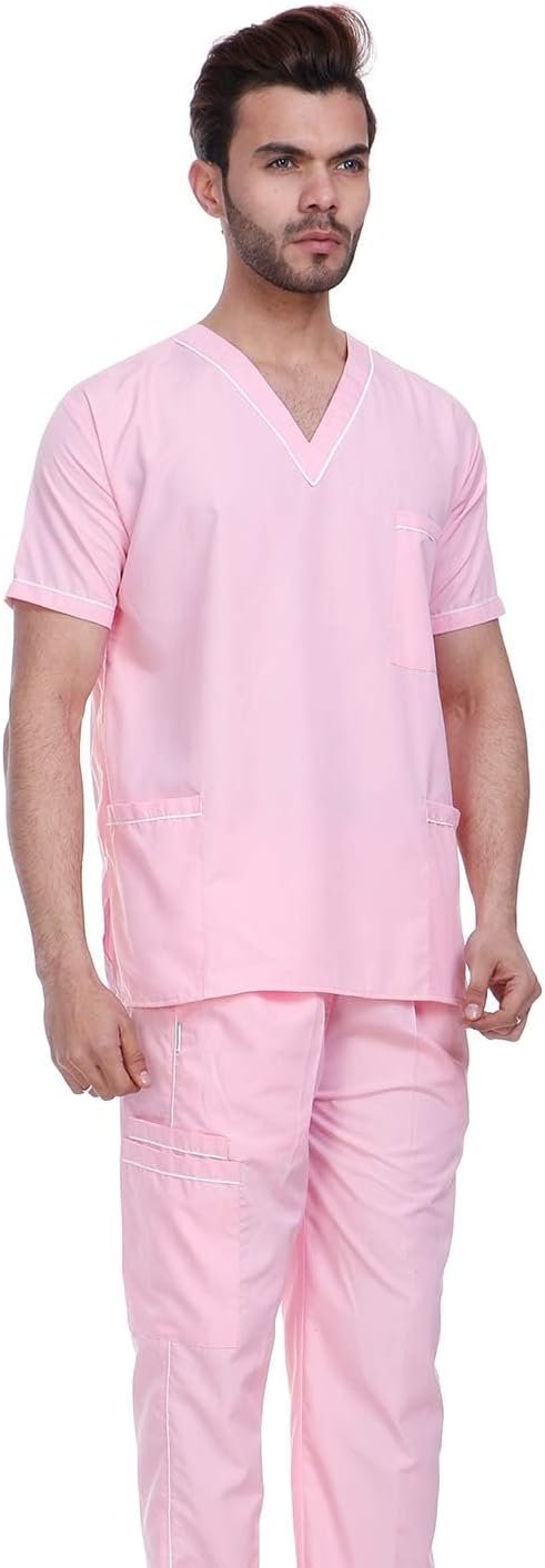 Unisex Scrub Suit set with piping V-Neck 3 Pocket(Pink)(PACK OF 5) - Image 3