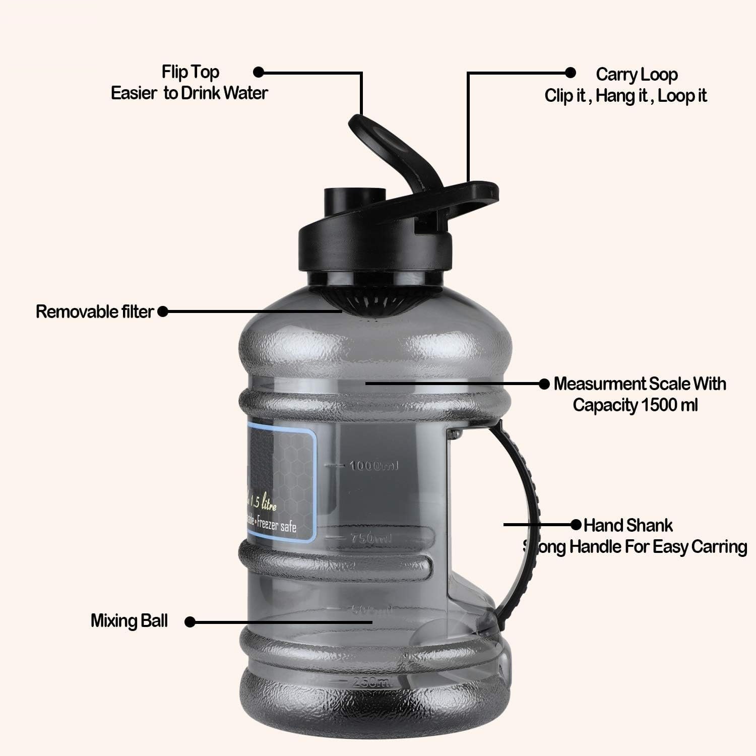 Gallon Protein Shaker Bottle 1.5 Liter (Black/Silver) (1) - Image 2