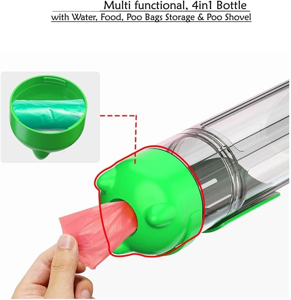 Multi Functional, 4in1 Bottle with Water, Food, Poo Bags Storage & Poo Shovel (500ml - Multicolor) - Image 3