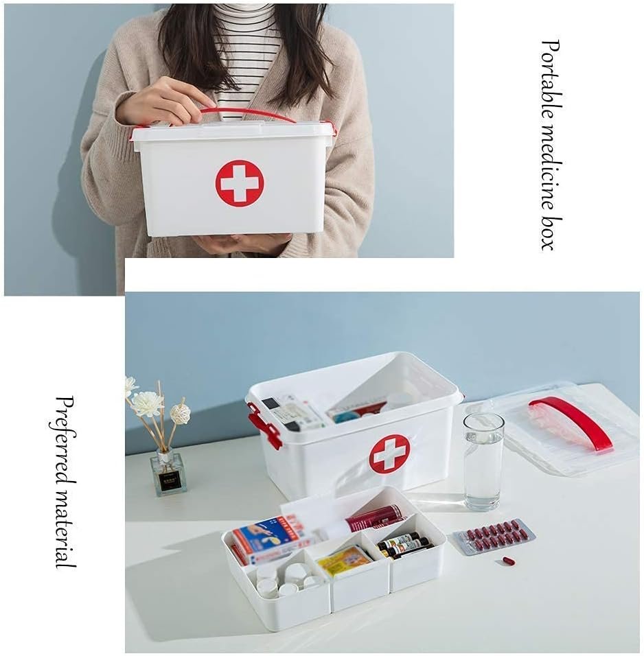 Portable Double Layers Cabinet First Aid Kit Box Household Plastic Pill Storage Box with Detachable Tray and Handle - Image 4