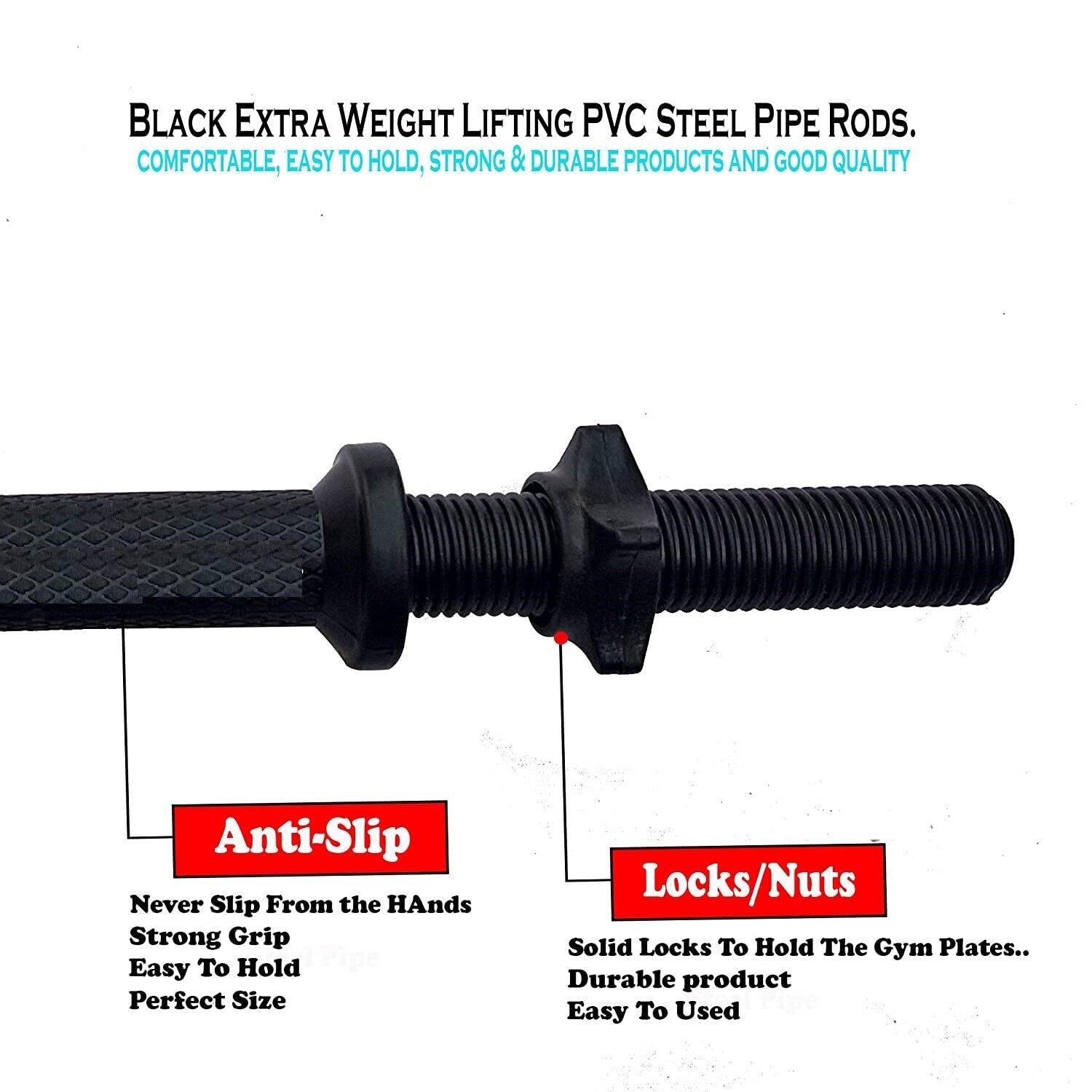 15-inch Dumbbell Rod with Plastic Nuts Weight Lifting Bar Black (Pack of 2 Pcs) - Image 4