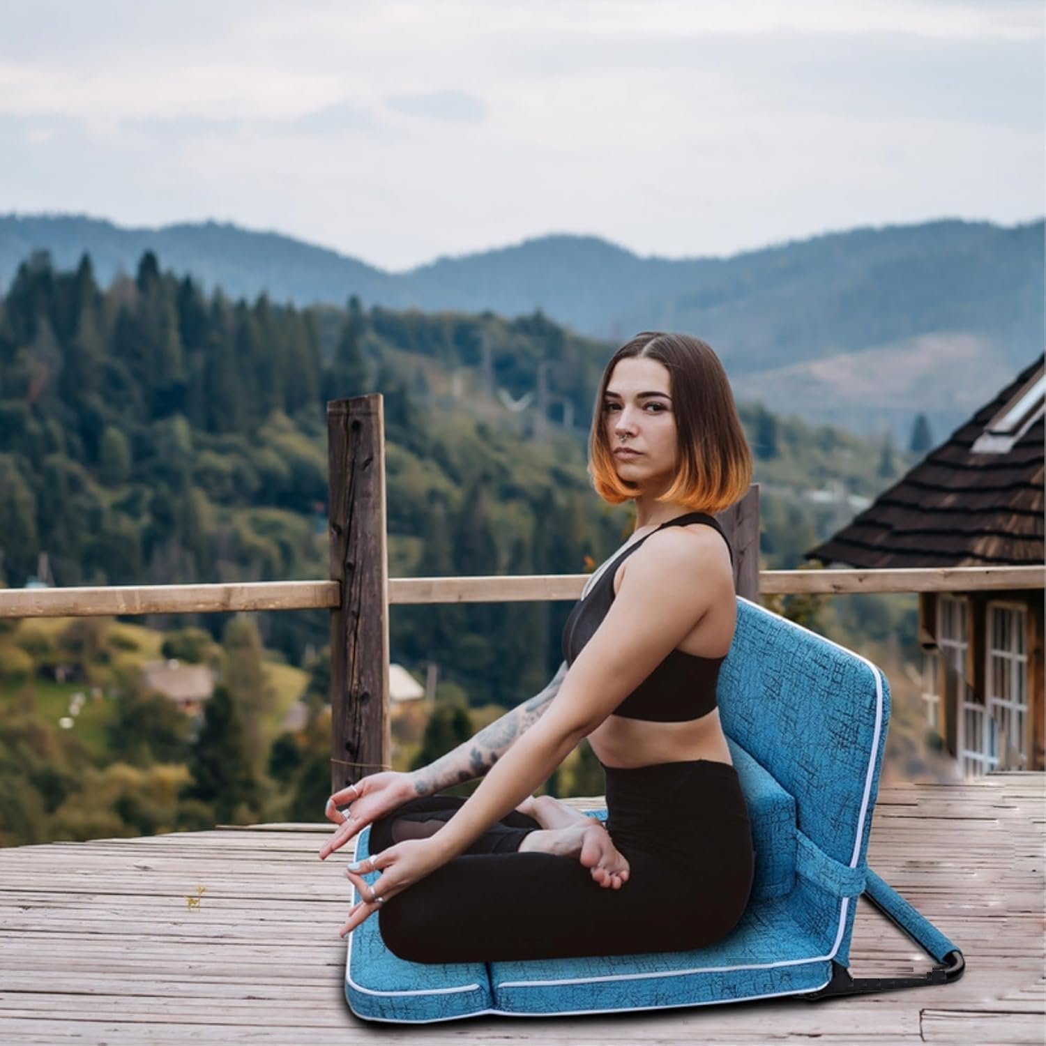 Folding Relaxing Buddha Yoga Meditation Chair, Floor Chair for Living Room & Outdoor with Extra Back Support Cushion Fully Foldable (Blue Color - Seat Size: 20 x 18 inches) Blue - Image 4