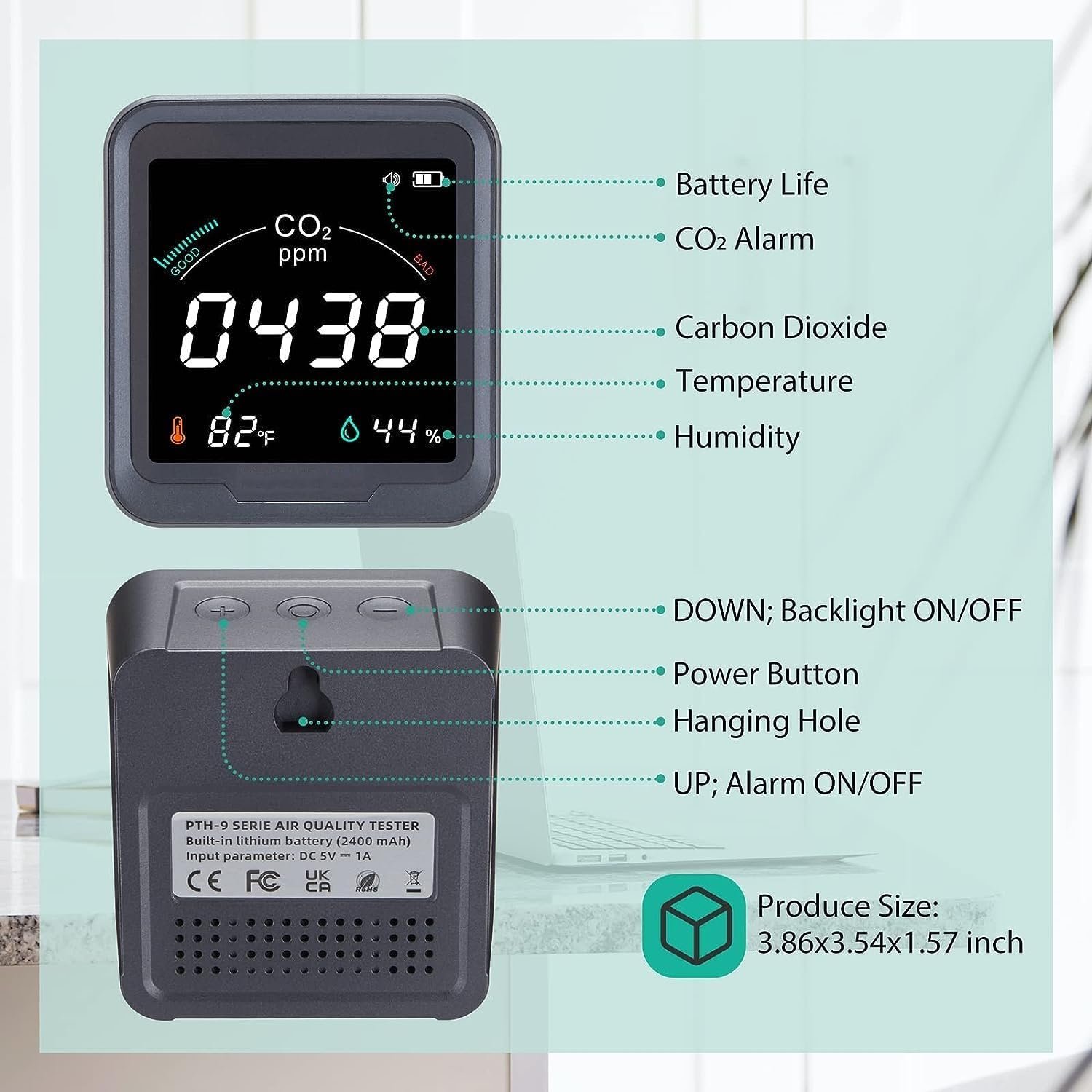 Indoor CO2 Detector| Air Quality Monitor | Tester for Carbon Dioxide | Temperature and Relative Humidity, Indoor CO2 Monitor with Alarm, for Grow Tents, Wine Cellars, Homes, Cars - Image 6