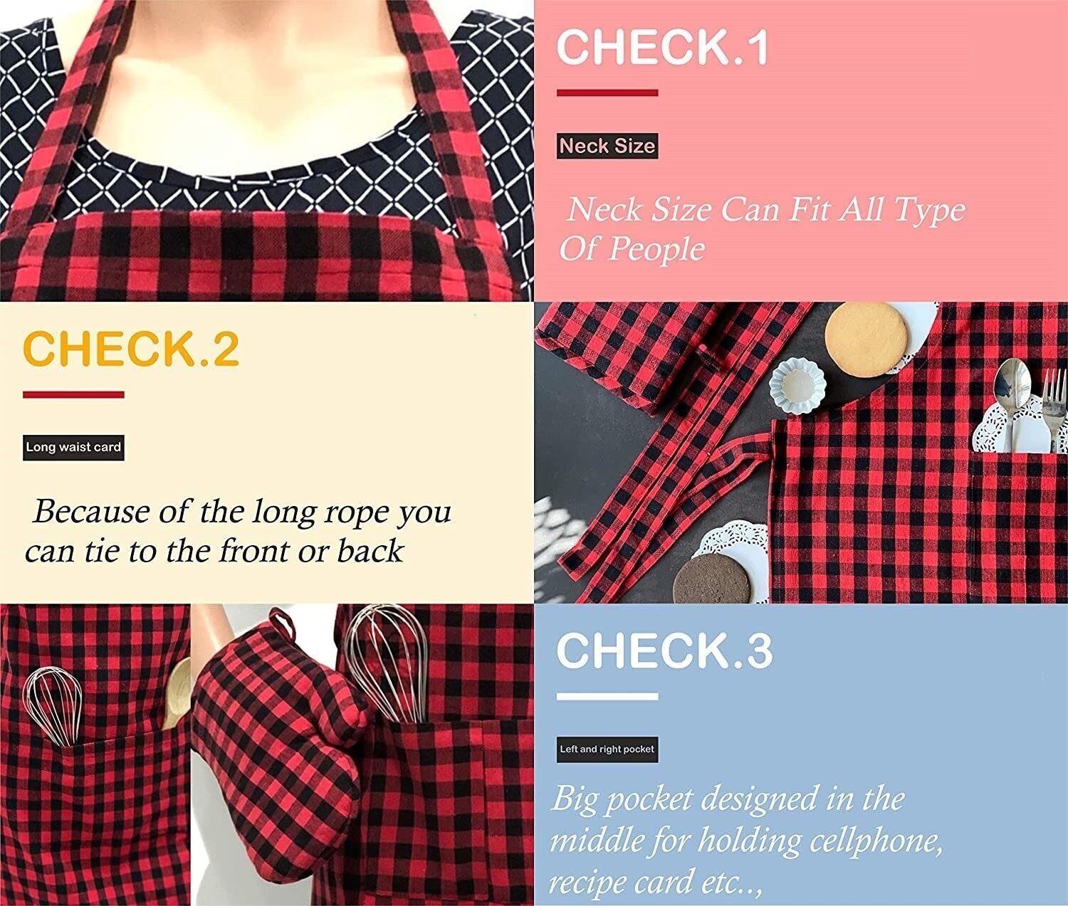 Cotton Checks with Front Center Pocket Design Apron (Pack of 2), (Red Checked) - Image 5