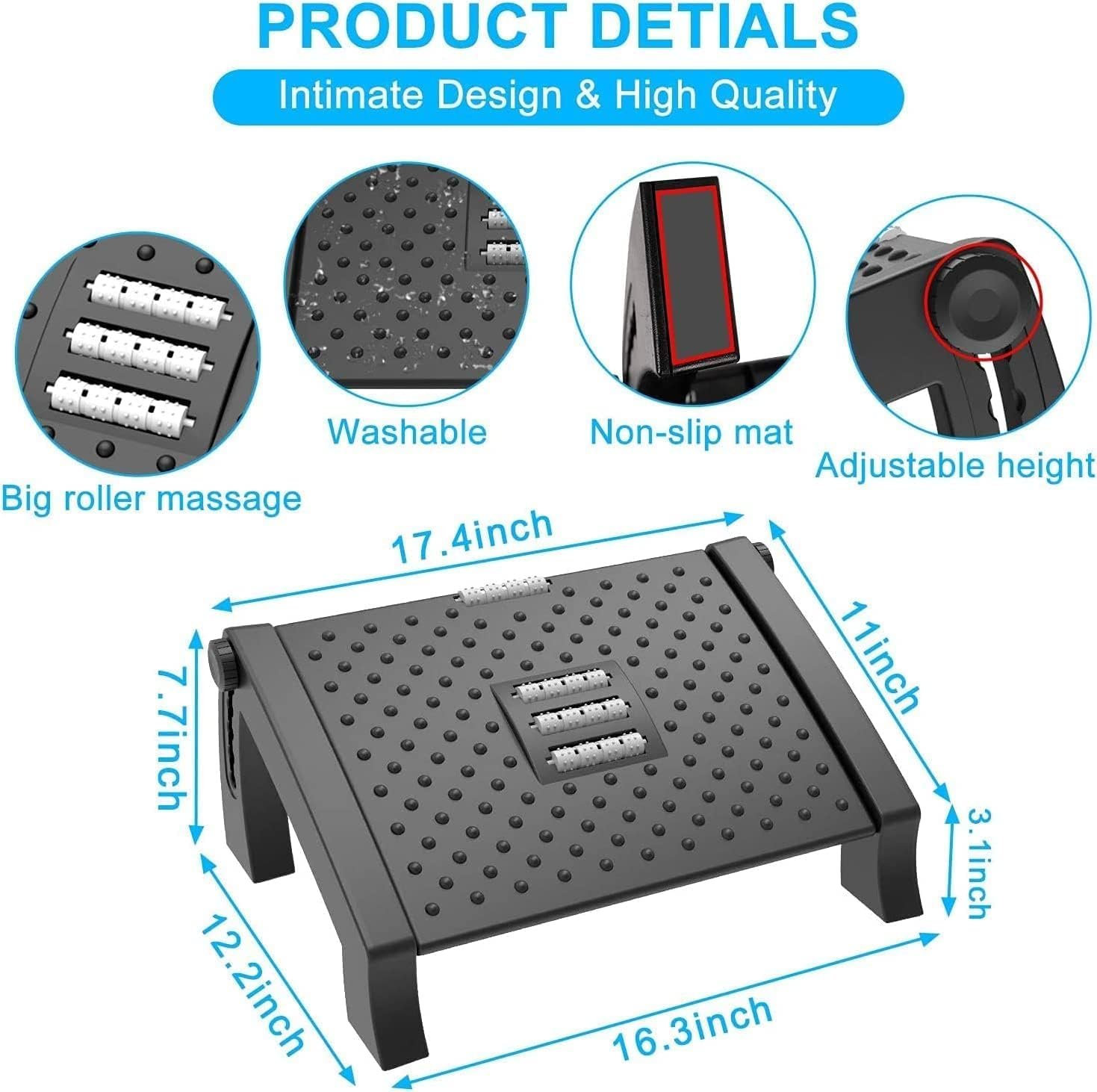 Adjustable Foot Rest for Office Chair with Massage Texture and Roller | Ergonomic Footrest Under Desk with 6 Heights | Leg Resting Stool - Image 2