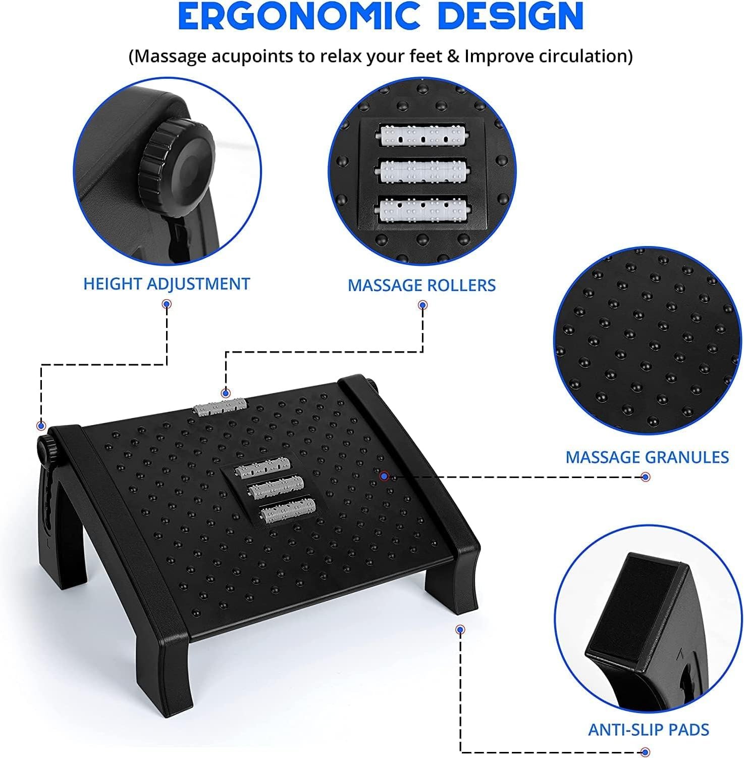 Adjustable Foot Rest for Office Chair with Massage Texture and Roller | Ergonomic Footrest Under Desk with 6 Heights | Leg Resting Stool - Image 3