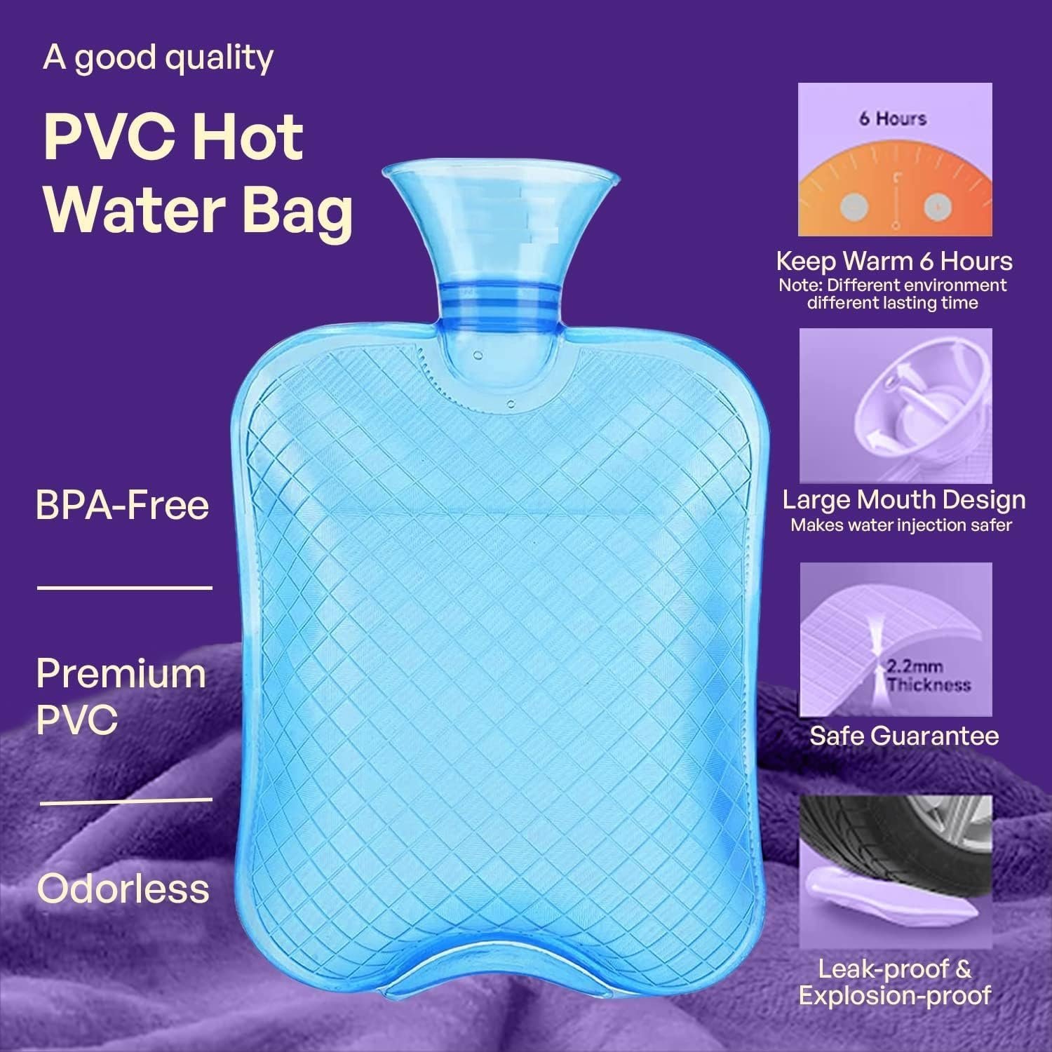 Hot Water Bag for Full Body Pain Relief Hot Bags for Pain Relief in Sports Injury Rubber Hot Bag for Body Massage for Men & Women Bottle Water Bag for Pain Relief in Period, Cramps- Blue - Image 2