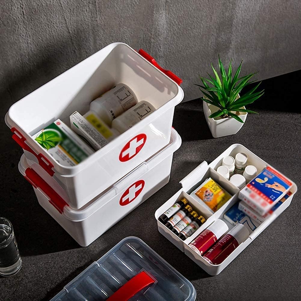 Portable Double Layers Cabinet First Aid Kit Box Household Plastic Pill Storage Box with Detachable Tray and Handle - Image 3