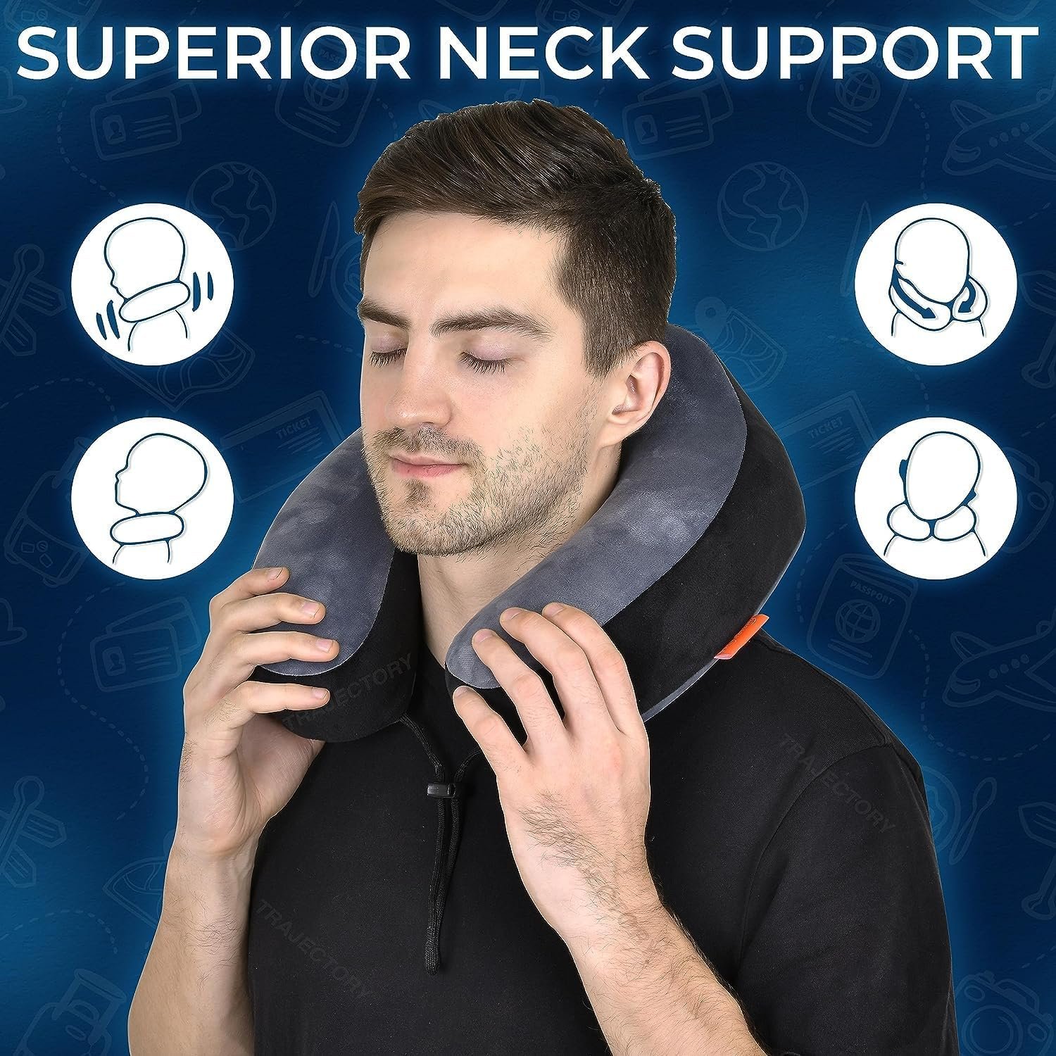 Travel Neck Pillow Memory Foam with Eye Mask and Carry Bag Combo for Travel in Flight & Car (Grey Black) - Image 2