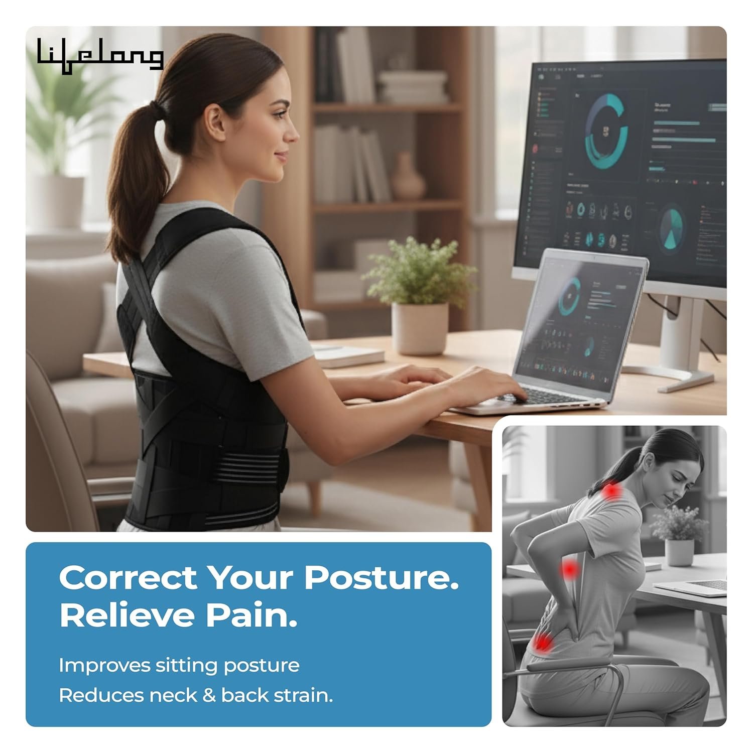 2-in-1 Posture Corrector Back Support Belt | Adjustable Free Size for Men & Women - Image 5
