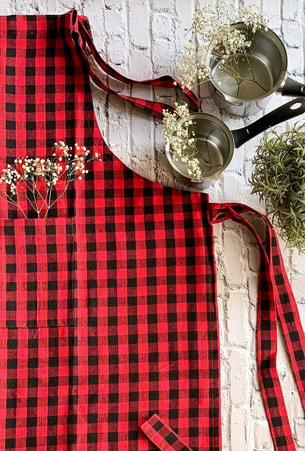 Cotton Checks with Front Center Pocket Design Apron (Pack of 2), (Red Checked) - Image 2