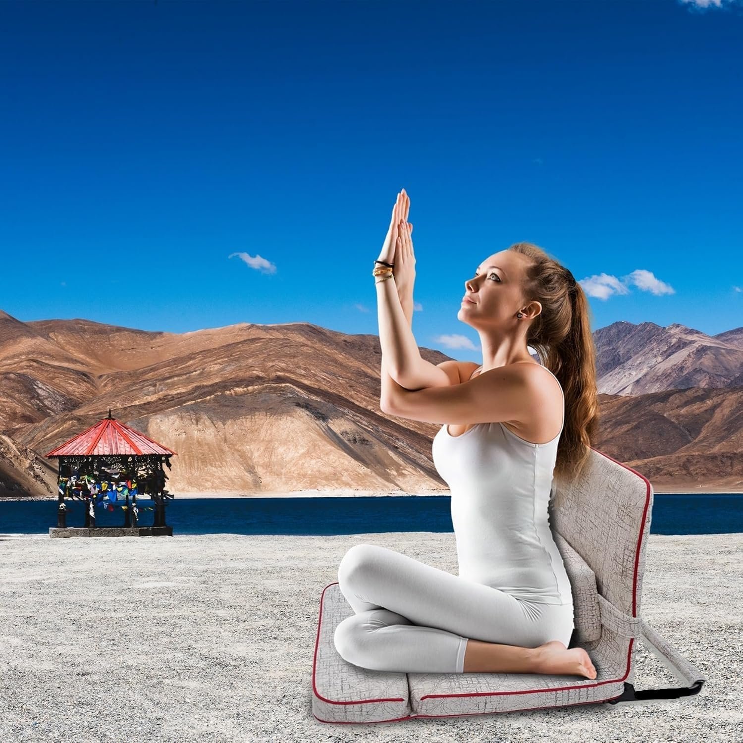 Folding Relaxing Buddha Yoga Meditation Chair, Floor Chair for Living Room & Outdoor with Extra Back Support Cushion Fully Foldable (Blue Color - Seat Size: 20 x 18 inches) Blue - Image 3