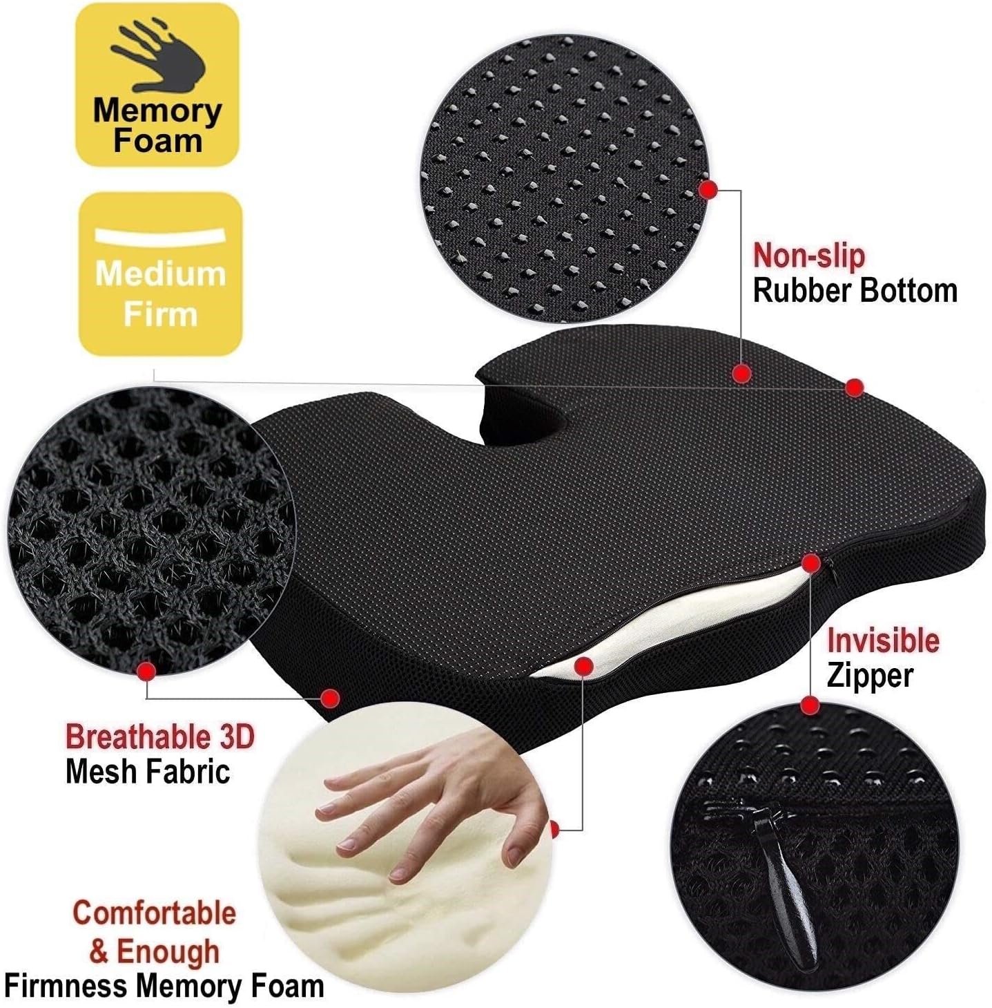 High Density Memory Foam Coccyx Cushion for Tailbone Pain, Sciatica, Lower Back - Image 2